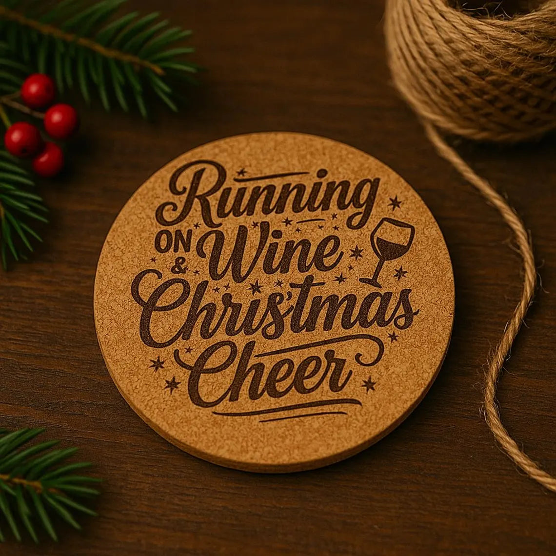 Running on Wine & Christmas Cheer, Cork or Wood Coaster