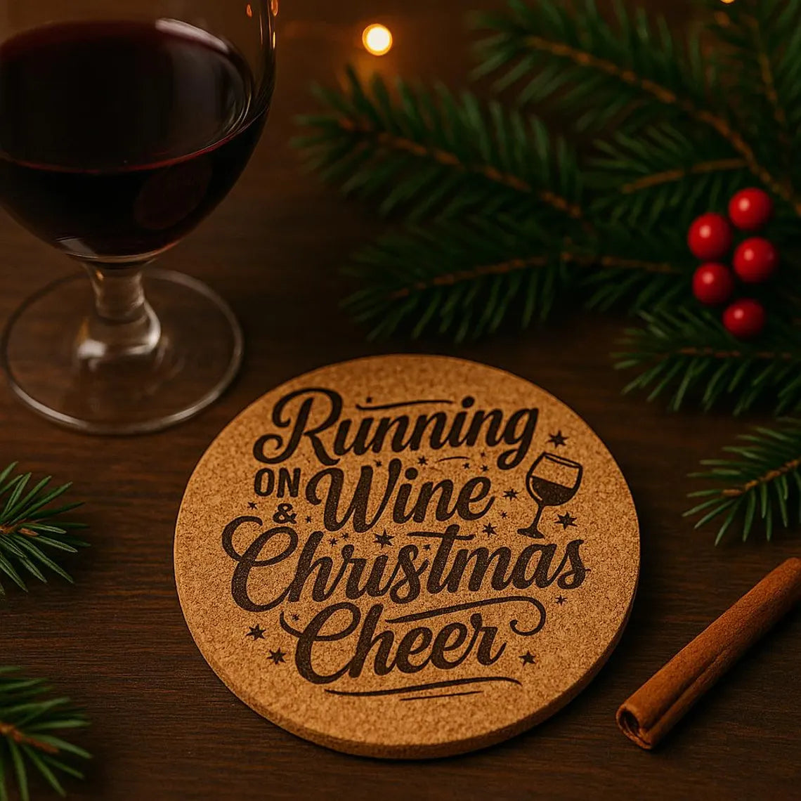 Running on Wine & Christmas Cheer, Cork or Wood Coaster