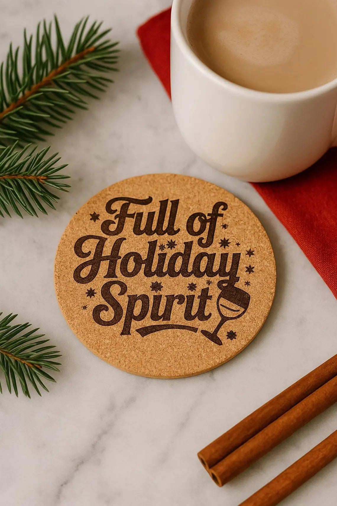 Full of Holiday Spirit Coaster – Laser Engraved Cork or Wood Drink Coaster