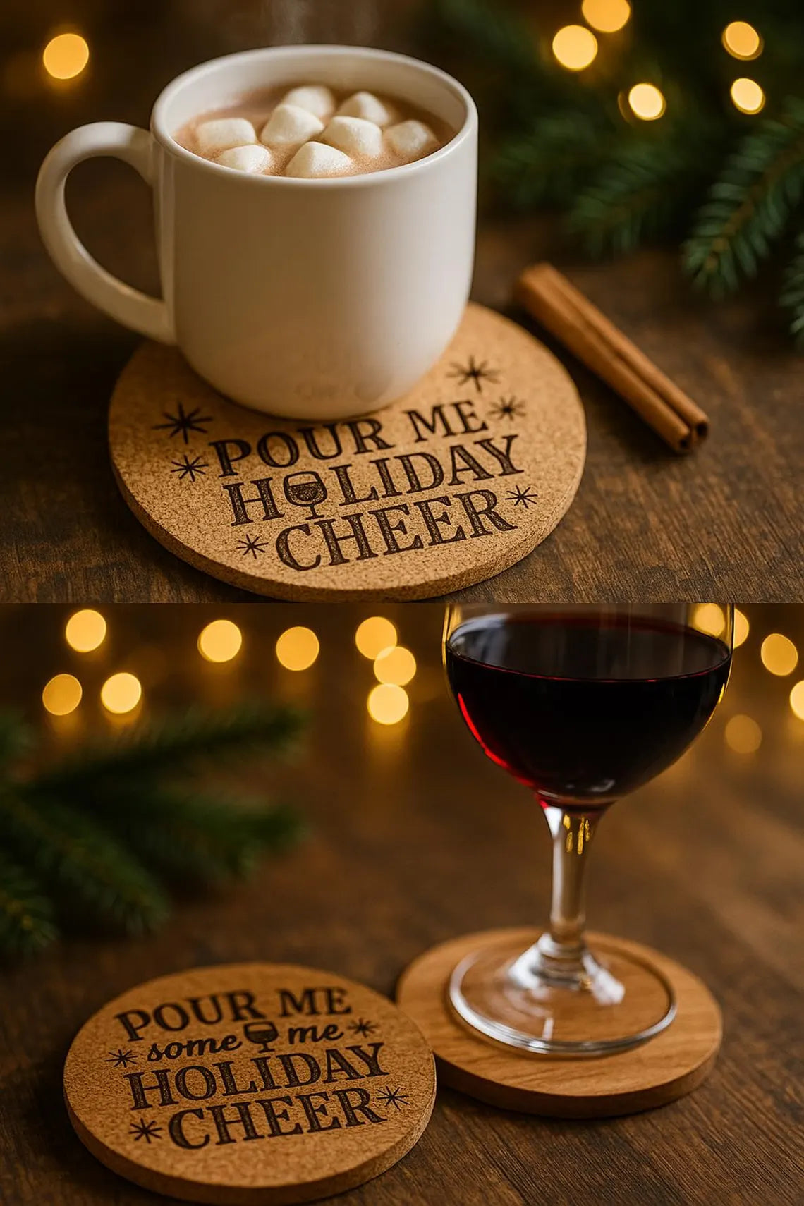 “Pour Me Some Holiday Cheer” – Cork or Wood Holiday Coaster