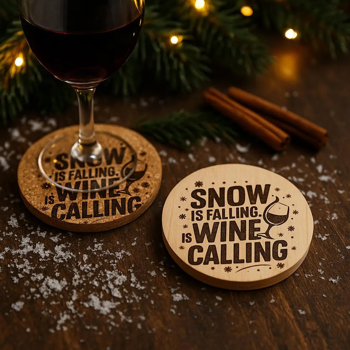 “Snow Is Falling, Wine Is Calling” Engraved Cork or Wood Coaster