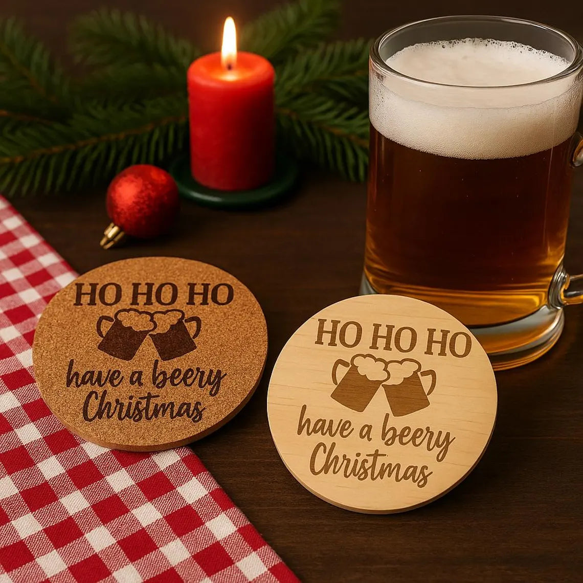 Funny Christmas Beer Coaster: Have a Beery Christmas Laser Engraved Cork or Wood