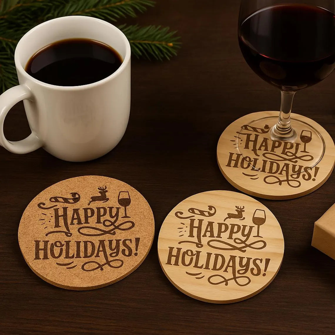 Happy Holidays Laser Engraved Cork or Wood Coaster