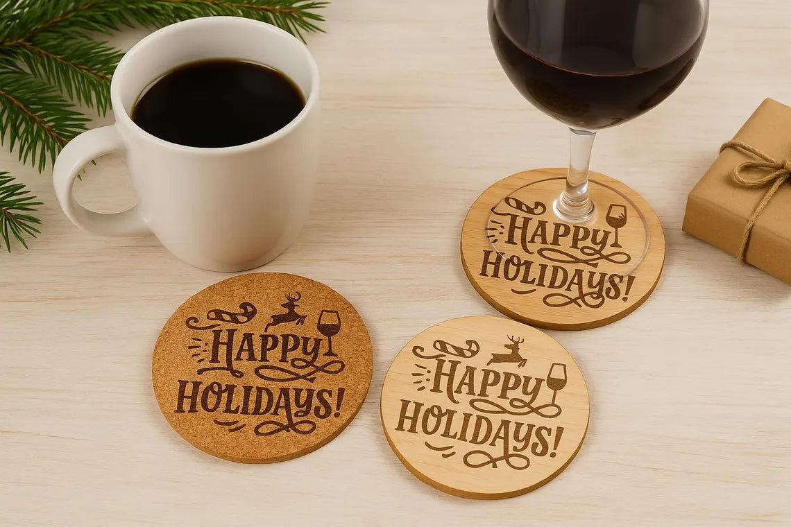 Happy Holidays Laser Engraved Cork or Wood Coaster