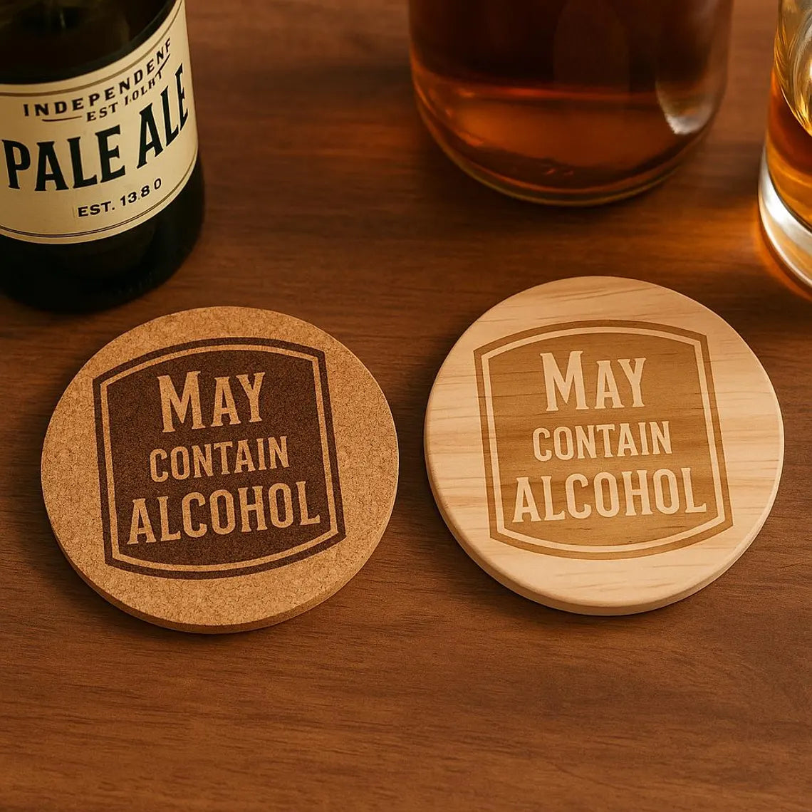 "May Contain Alcohol" Coaster: Cork or Wood Funny Bar Decor