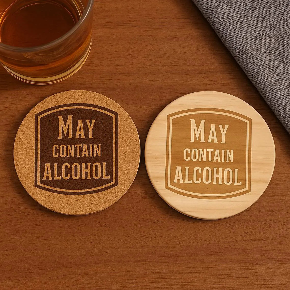 "May Contain Alcohol" Coaster: Cork or Wood Funny Bar Decor