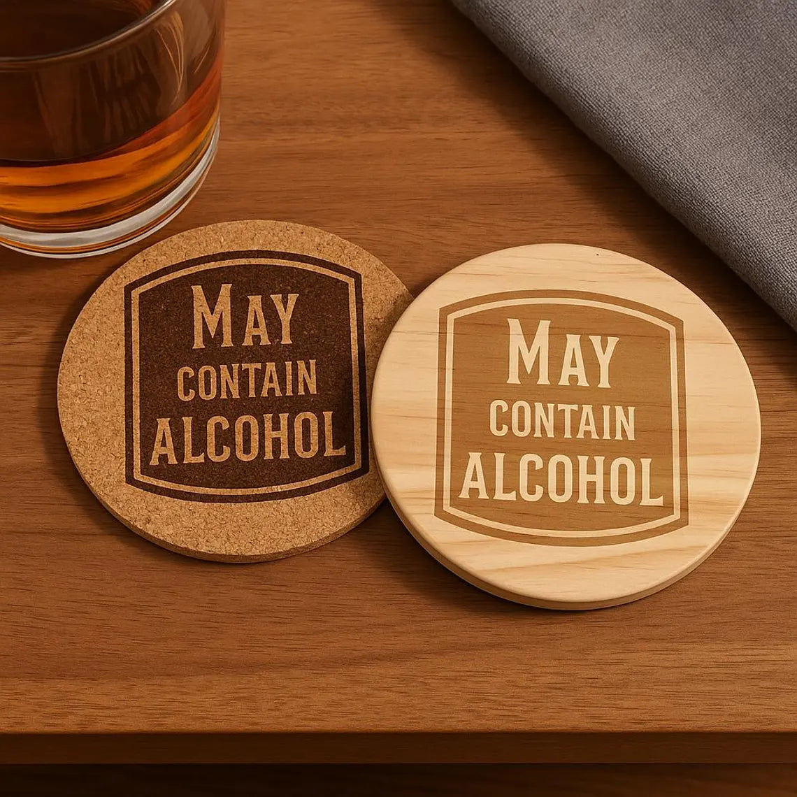 "May Contain Alcohol" Coaster: Cork or Wood Funny Bar Decor