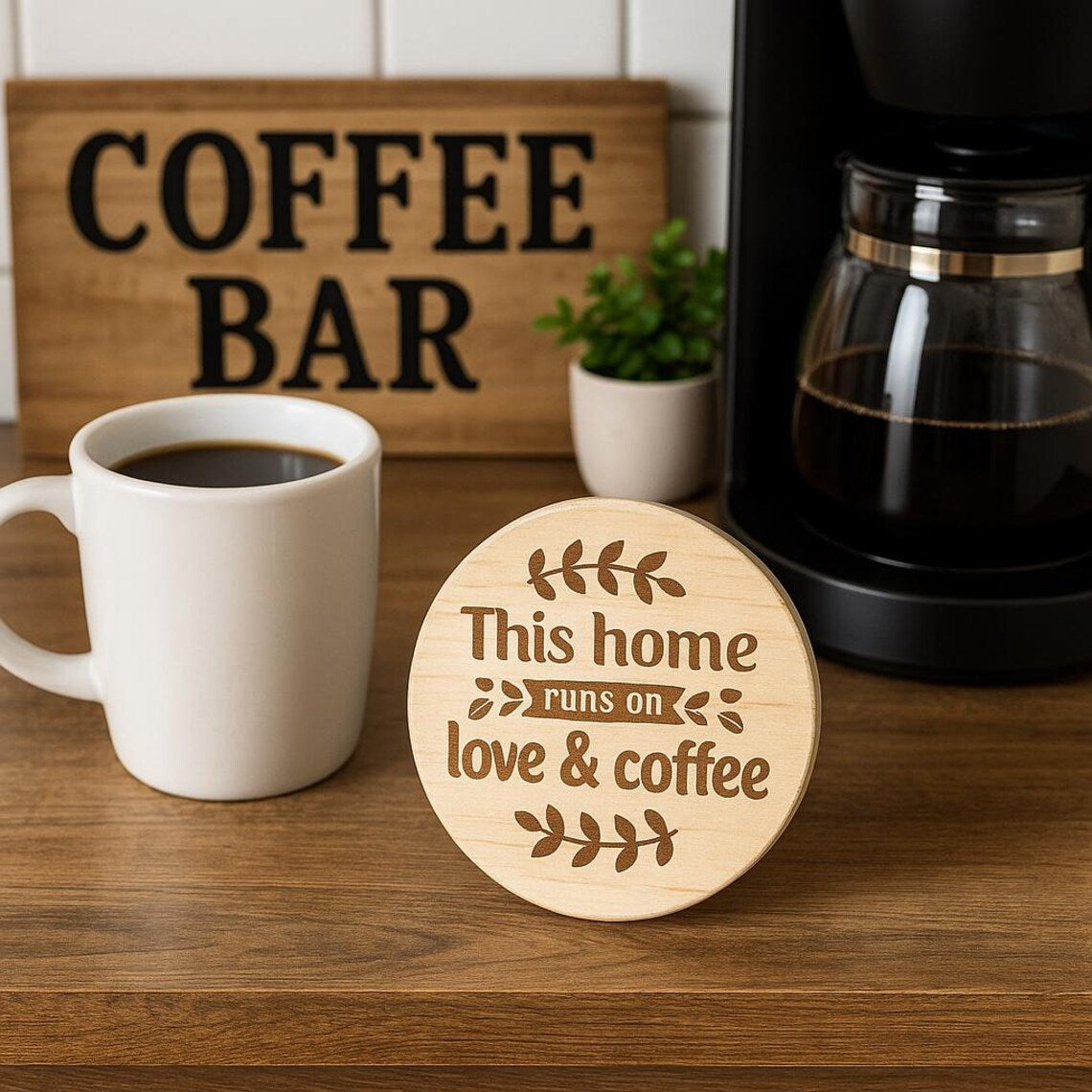 Laser Engraved 'Love & Coffee' Coaster: Farmhouse Decor, Cork or Wood
