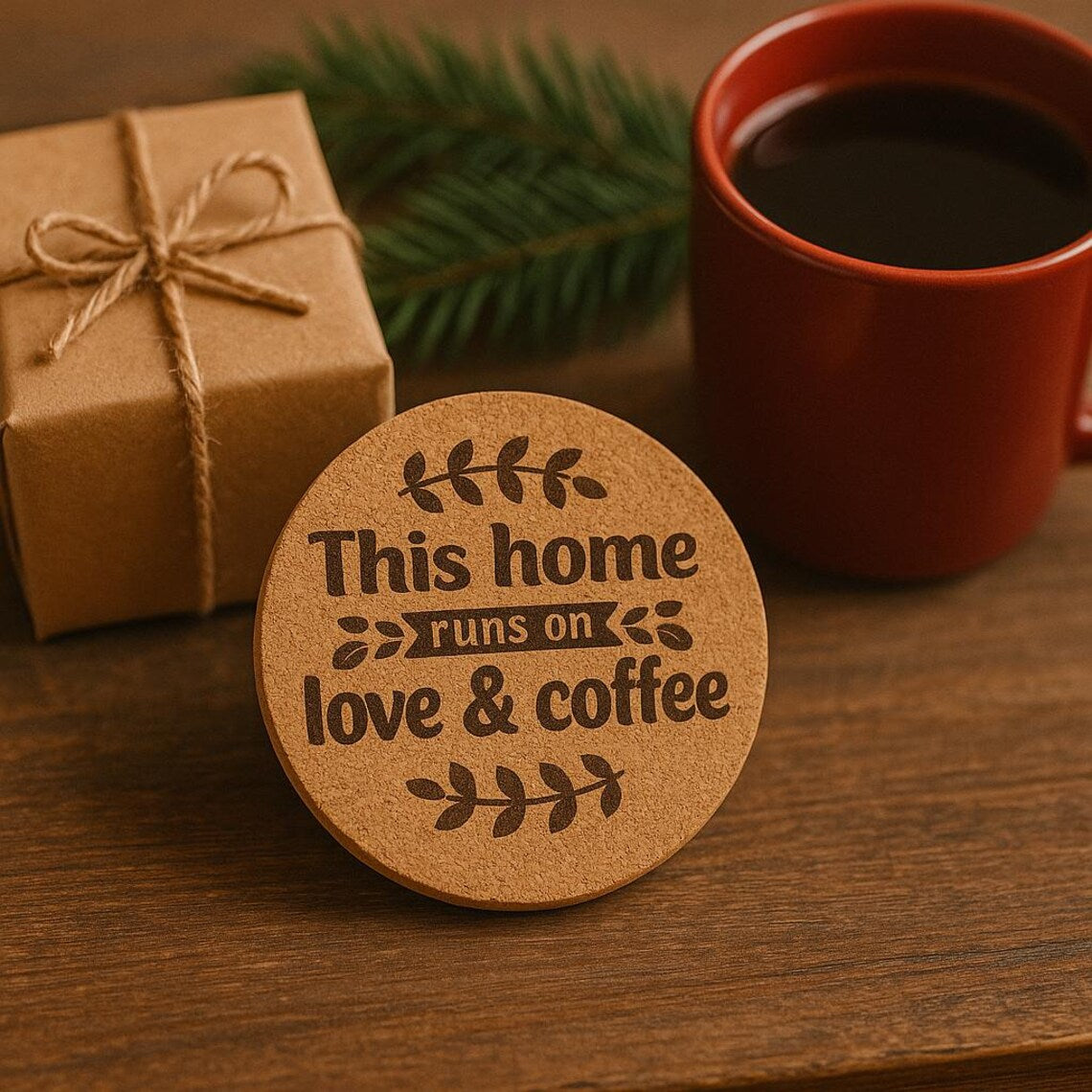 Laser Engraved 'Love & Coffee' Coaster: Farmhouse Decor, Cork or Wood