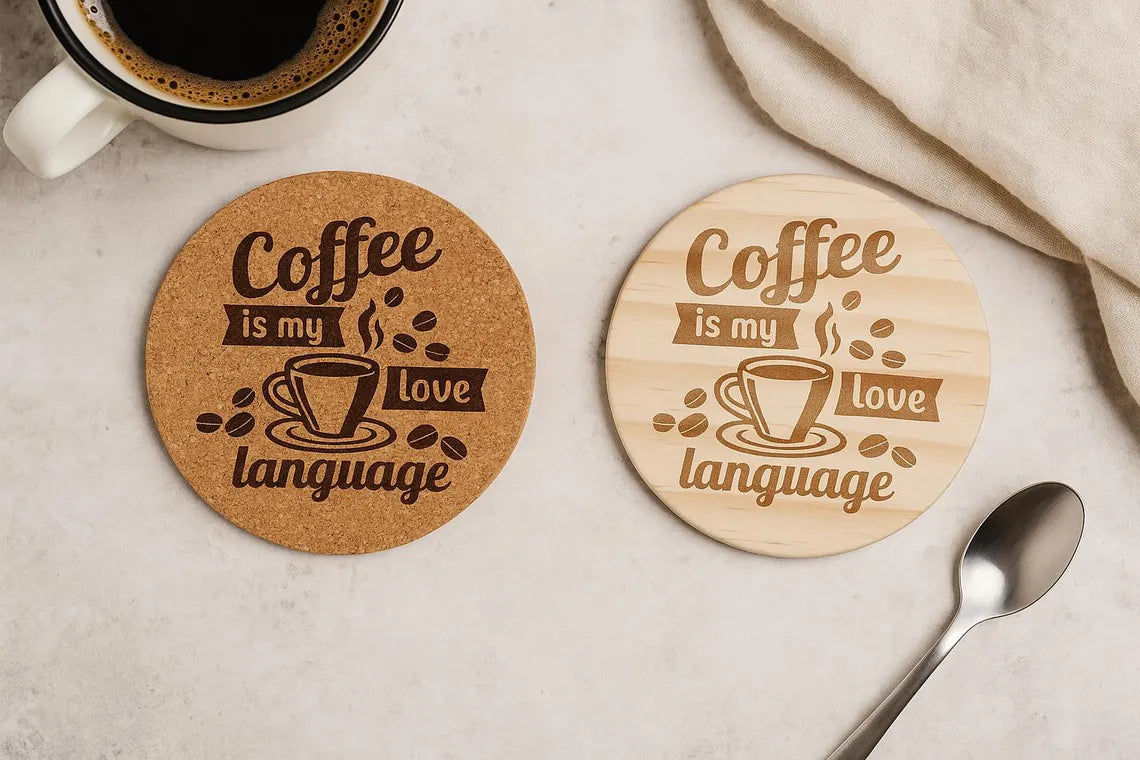 Coffee Lover Coaster: Laser Engraved Cork or Wood - "Coffee is my love language"