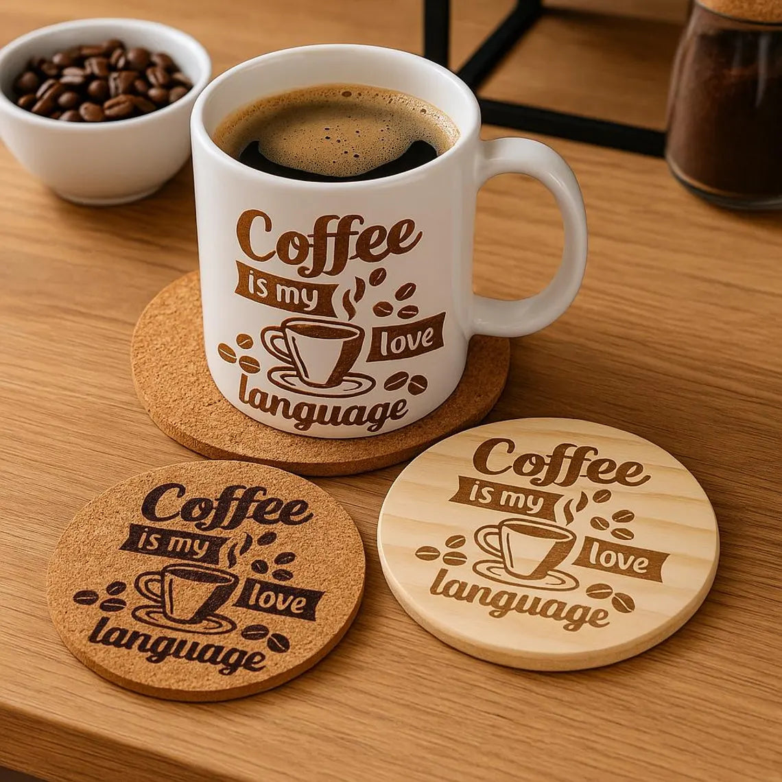 Coffee Lover Coaster: Laser Engraved Cork or Wood - "Coffee is my love language"