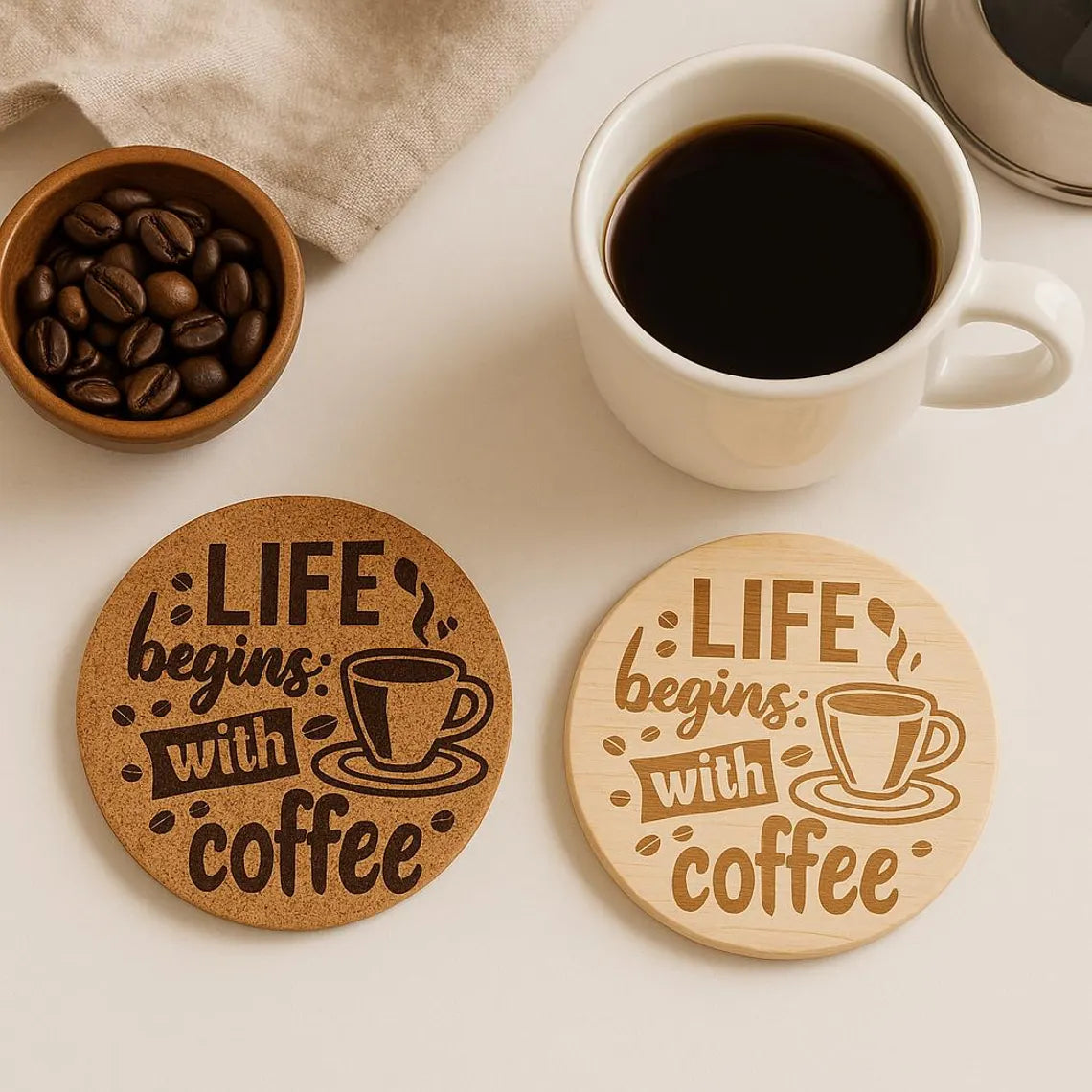 Life Begins With Coffee Engraved Coaster: Cork or Wood Coaster