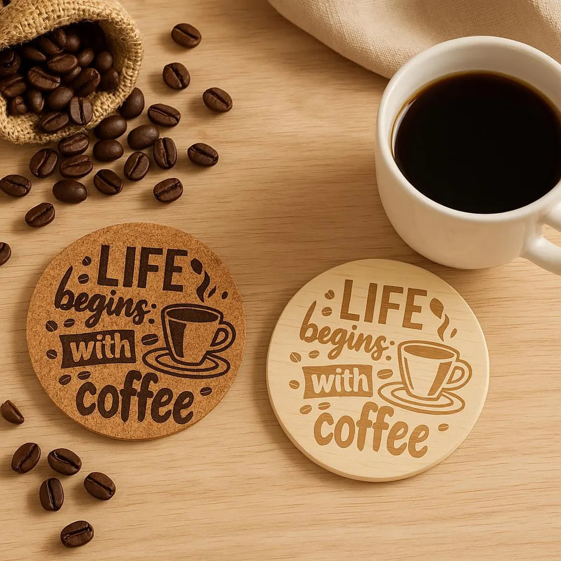 Life Begins With Coffee Engraved Coaster: Cork or Wood Coaster