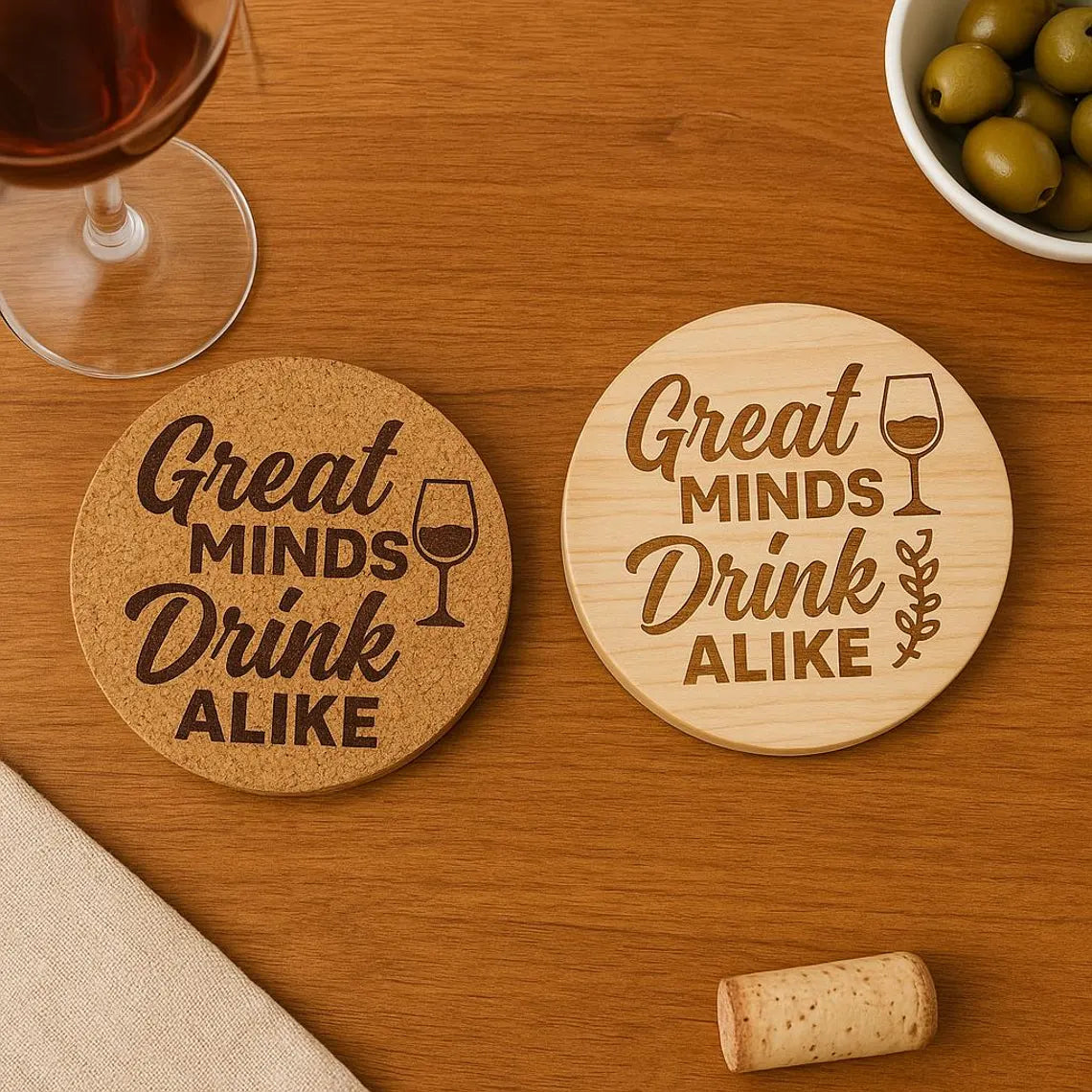 Great Minds Drink Alike Coaster • Engraved Cork or Wood Coaster