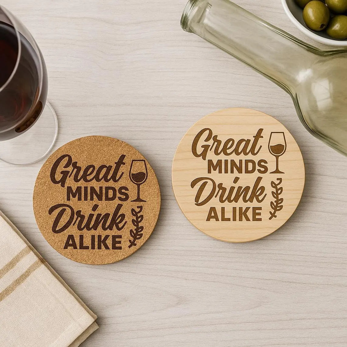 Great Minds Drink Alike Coaster • Engraved Cork or Wood Coaster