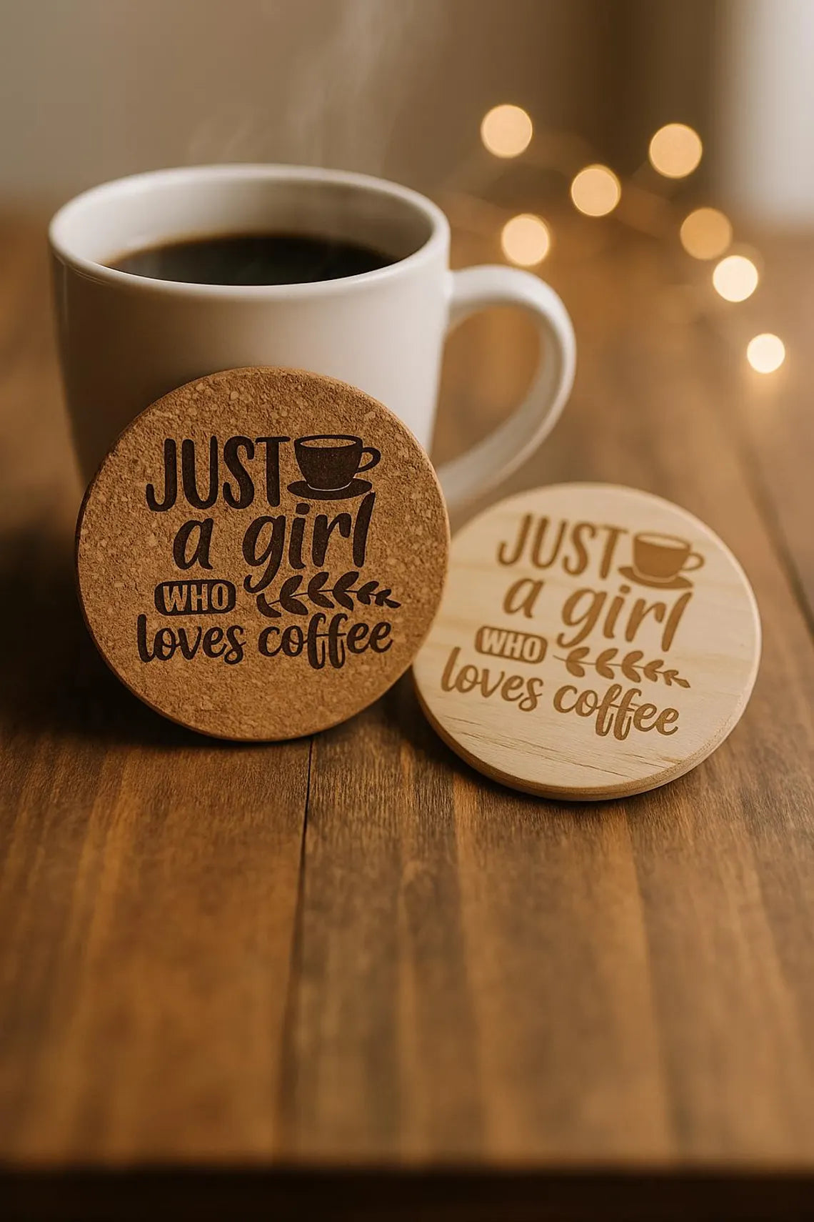 Engraved "Just a Girl Who Loves Coffee" Coaster - Cork or Wood Coaster