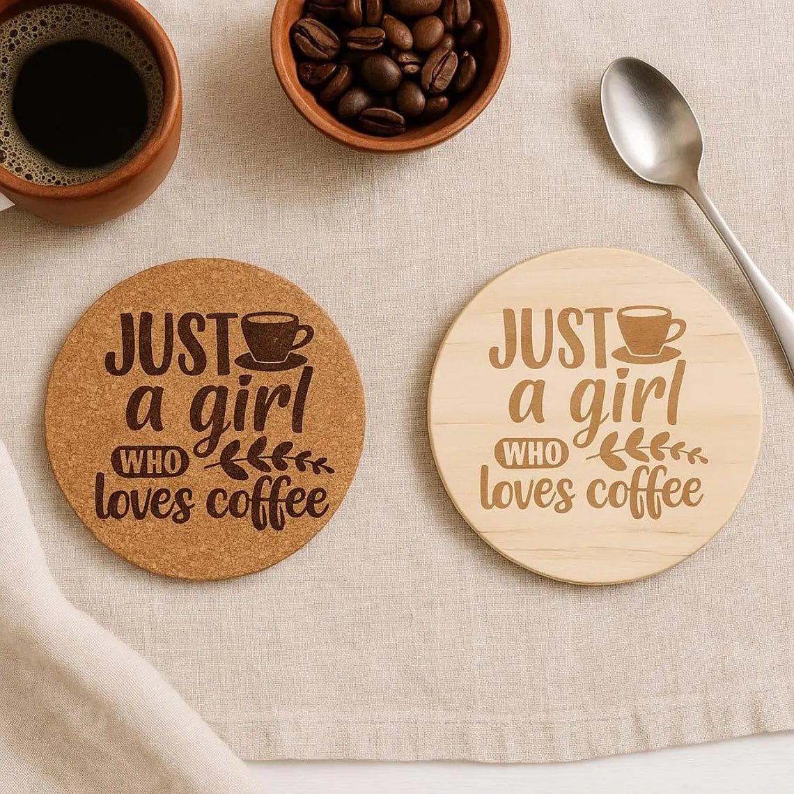Engraved "Just a Girl Who Loves Coffee" Coaster - Cork or Wood Coaster