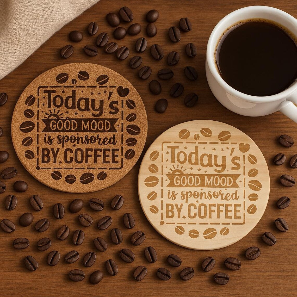 Engraved Coffee Coaster: Funny Coffee Quote, Cork or Wood Coaster