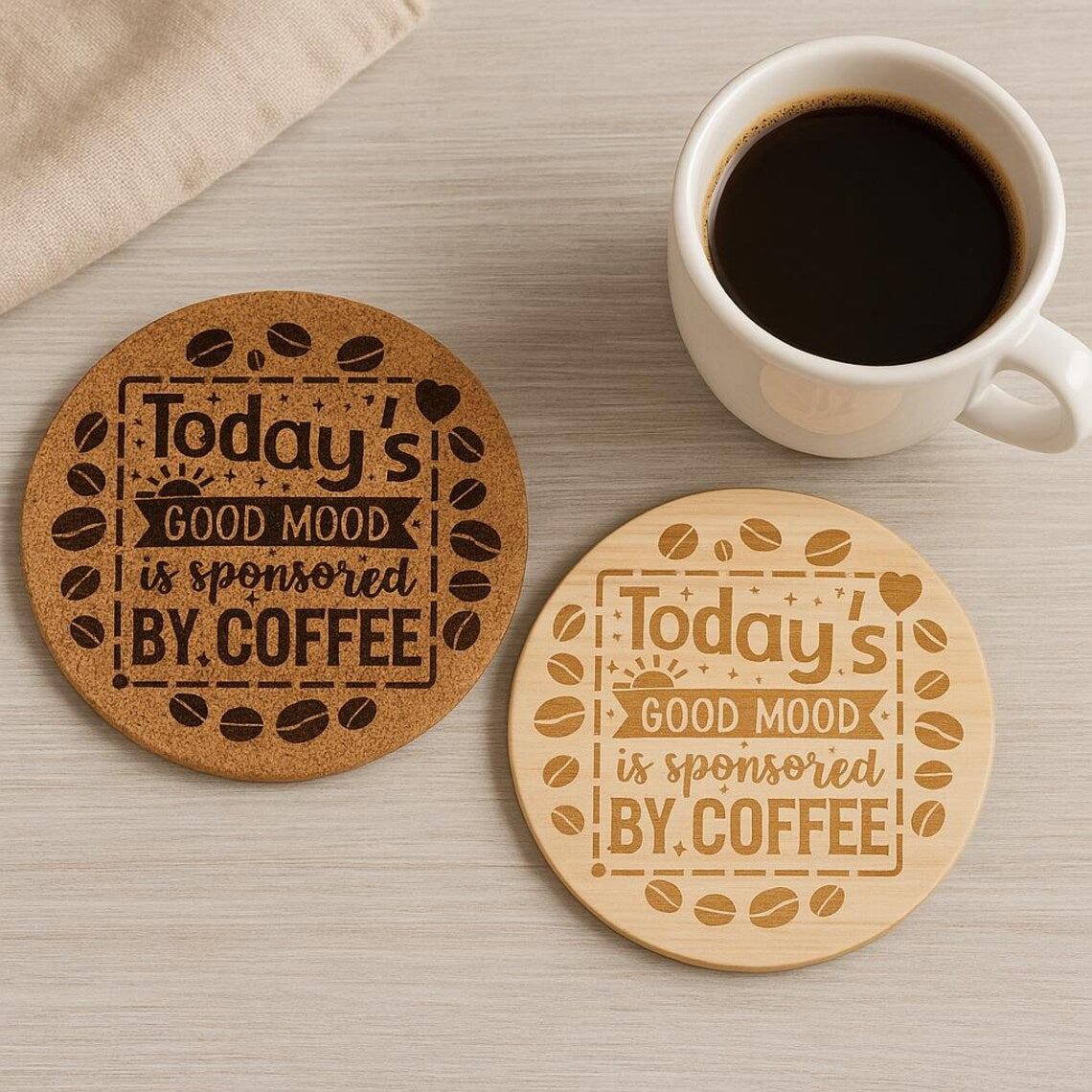 Engraved Coffee Coaster: Funny Coffee Quote, Cork or Wood Coaster