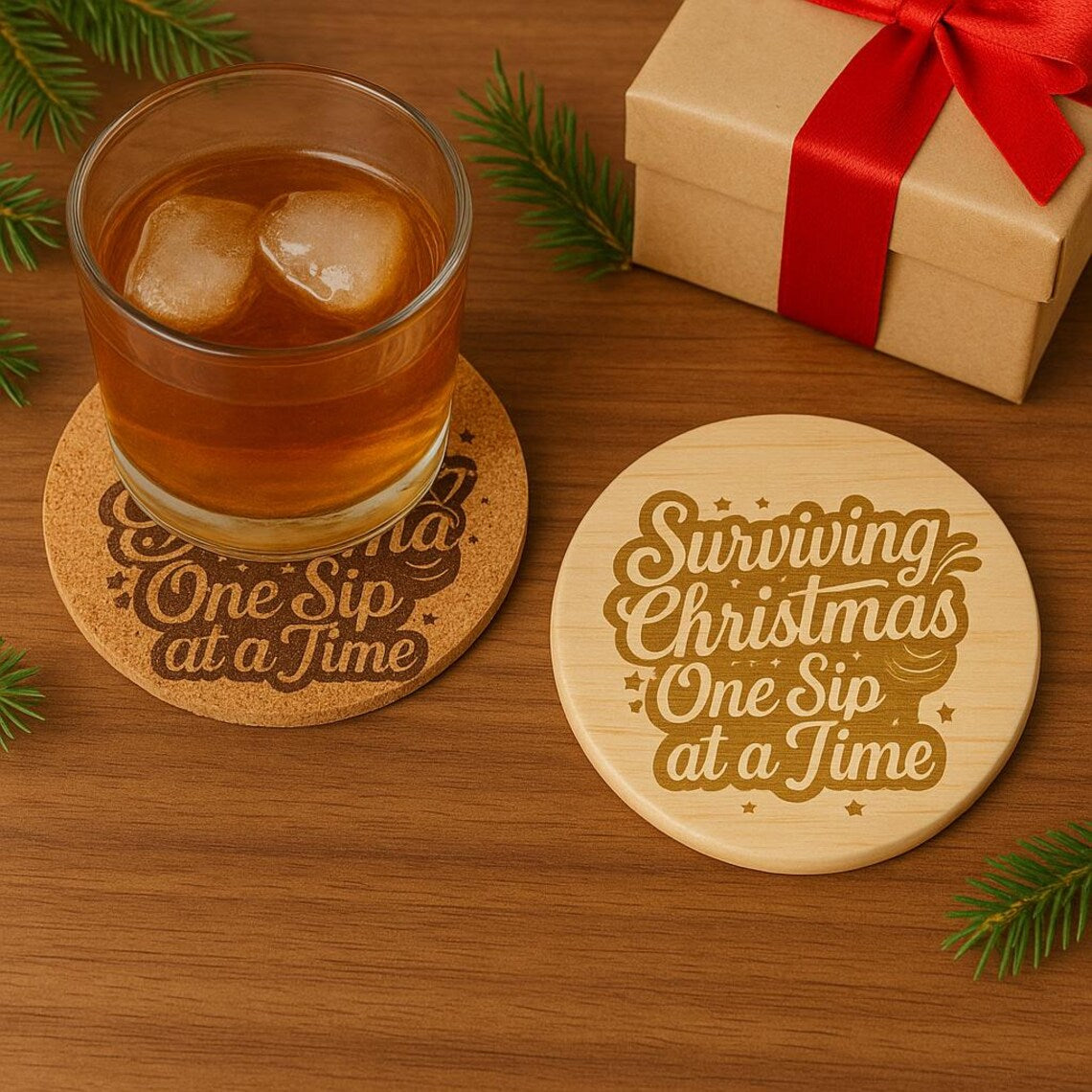 Funny Christmas Coaster: "Surviving Christmas" Engraved Cork or Wood Coaster