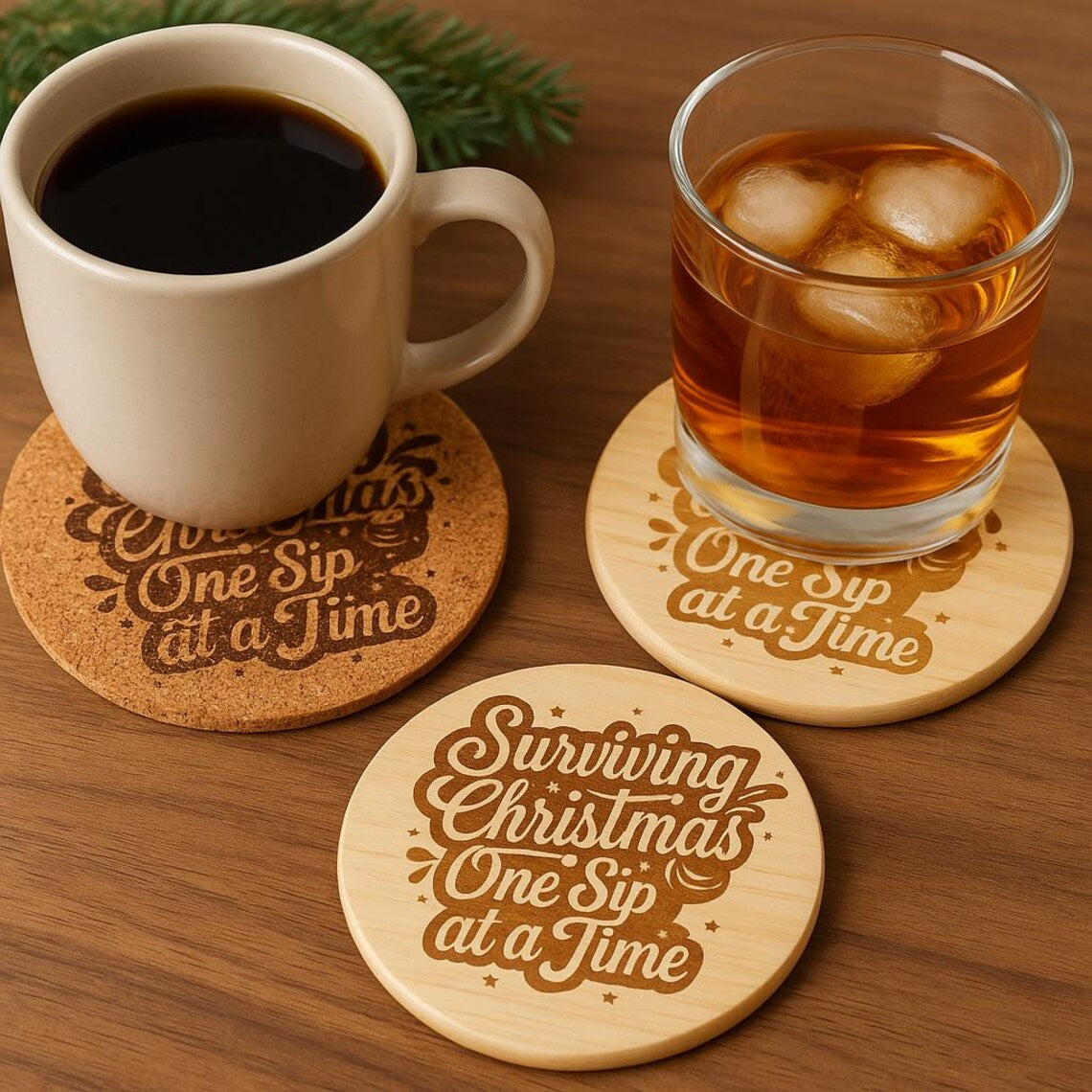 Funny Christmas Coaster: "Surviving Christmas" Engraved Cork or Wood Coaster