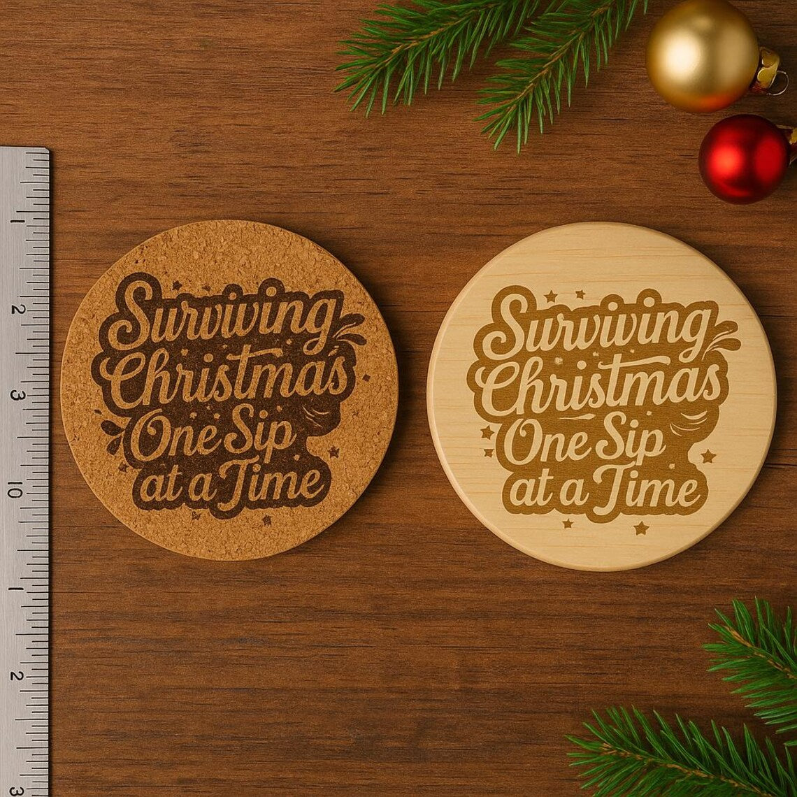 Funny Christmas Coaster: "Surviving Christmas" Engraved Cork or Wood Coaster