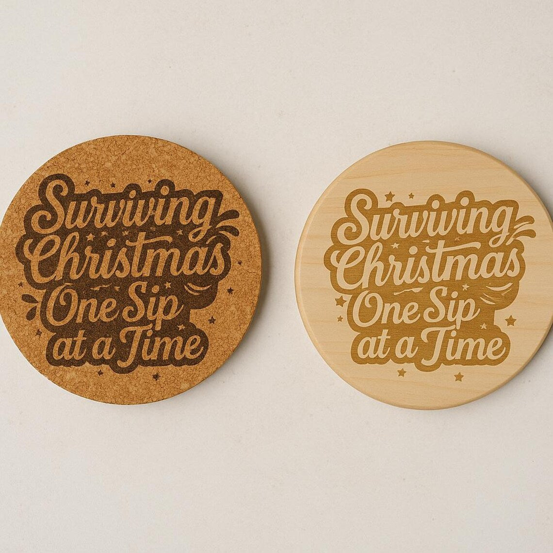 Funny Christmas Coaster: "Surviving Christmas" Engraved Cork or Wood Coaster