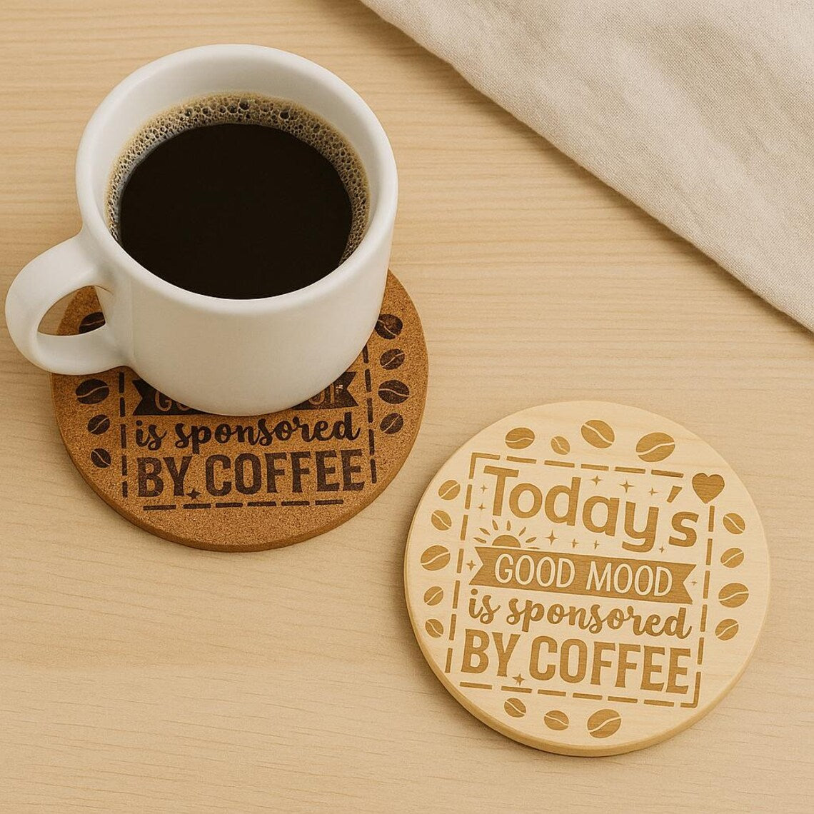 Engraved Coffee Coaster: Funny Coffee Quote, Cork or Wood Coaster