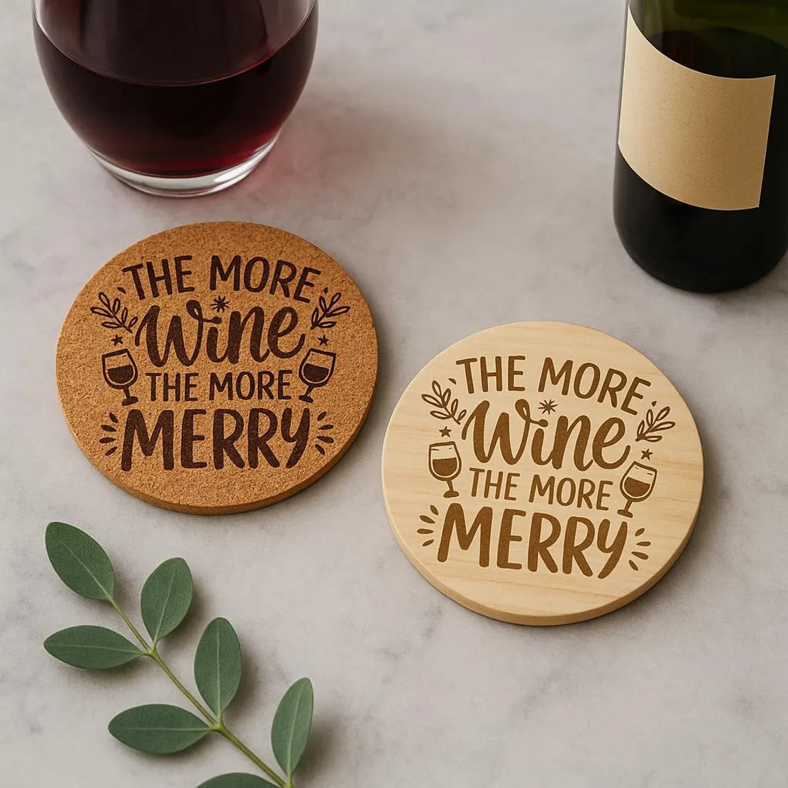 Engraved Cork or Wood Wine Coaster – “The More Wine The More Merry”