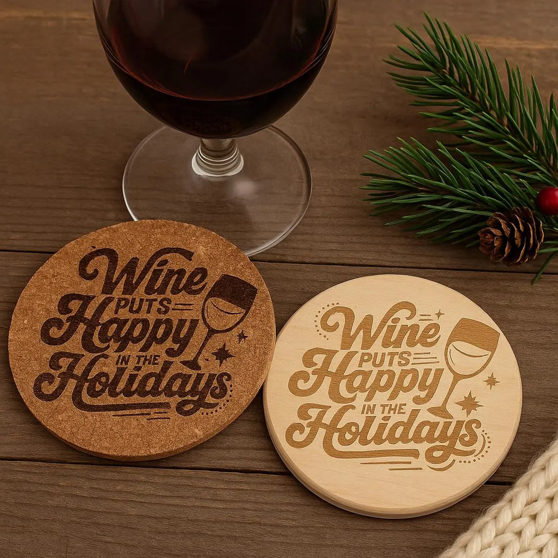Wine Puts Happy in the Holidays Coaster | Laser Engraved Cork or Wood Coaster