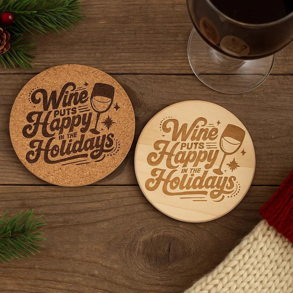 Wine Puts Happy in the Holidays Coaster | Laser Engraved Cork or Wood Coaster