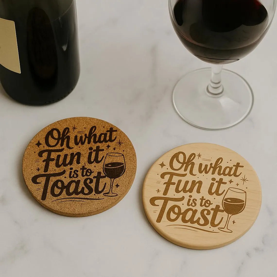 Oh What Fun It Is to Toast Coaster – Laser Engraved Cork or Wood Coaster