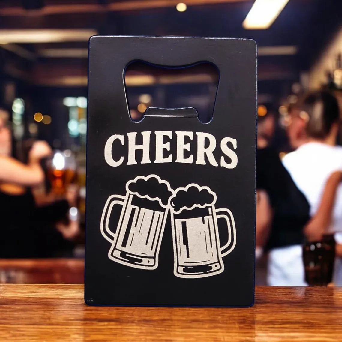 Engraved Metal Credit Card Bottle Opener – “Cheers” Beer Mug Design
