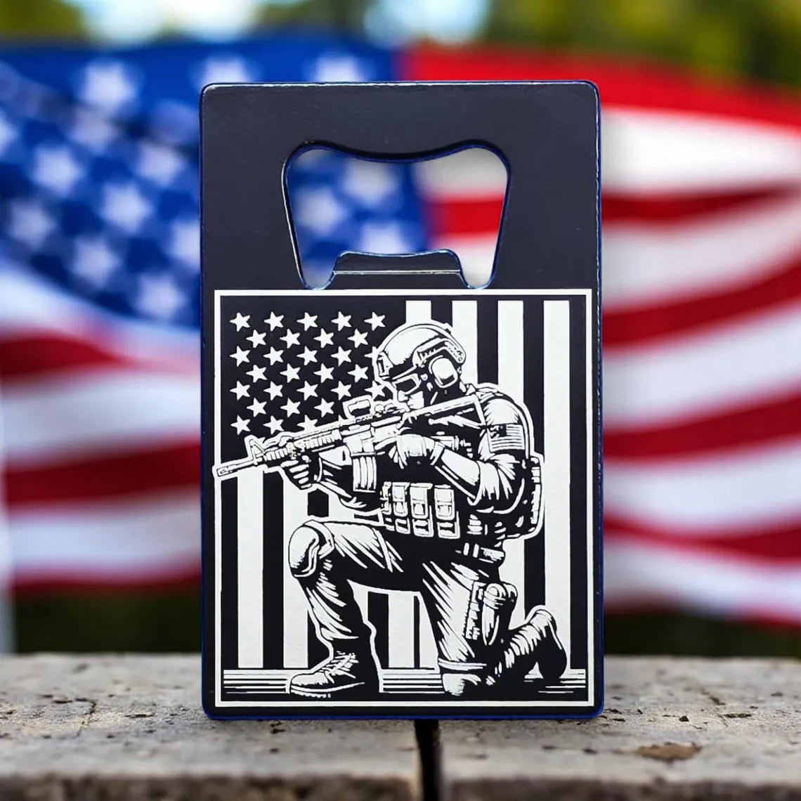 Engraved Soldier & American Flag Credit Card Bottle Opener