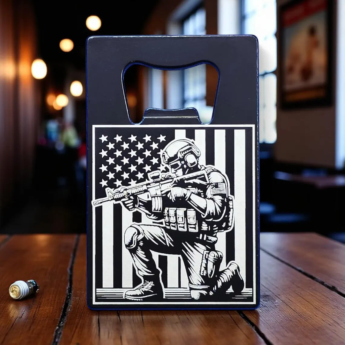 Engraved Soldier & American Flag Credit Card Bottle Opener