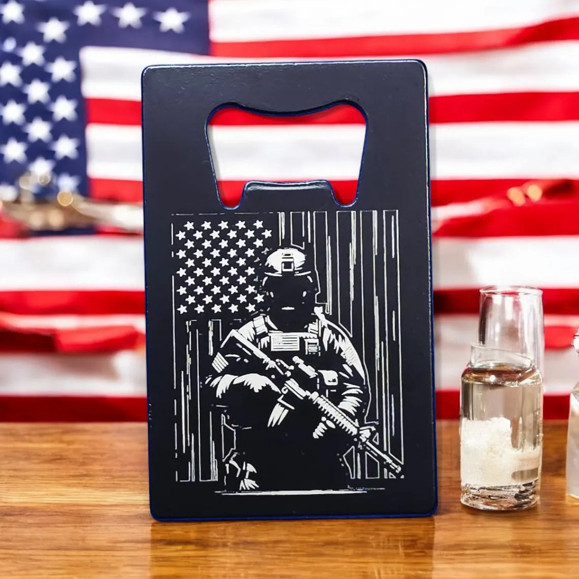 Engraved Soldier & American Flag Credit Card Bottle Opener