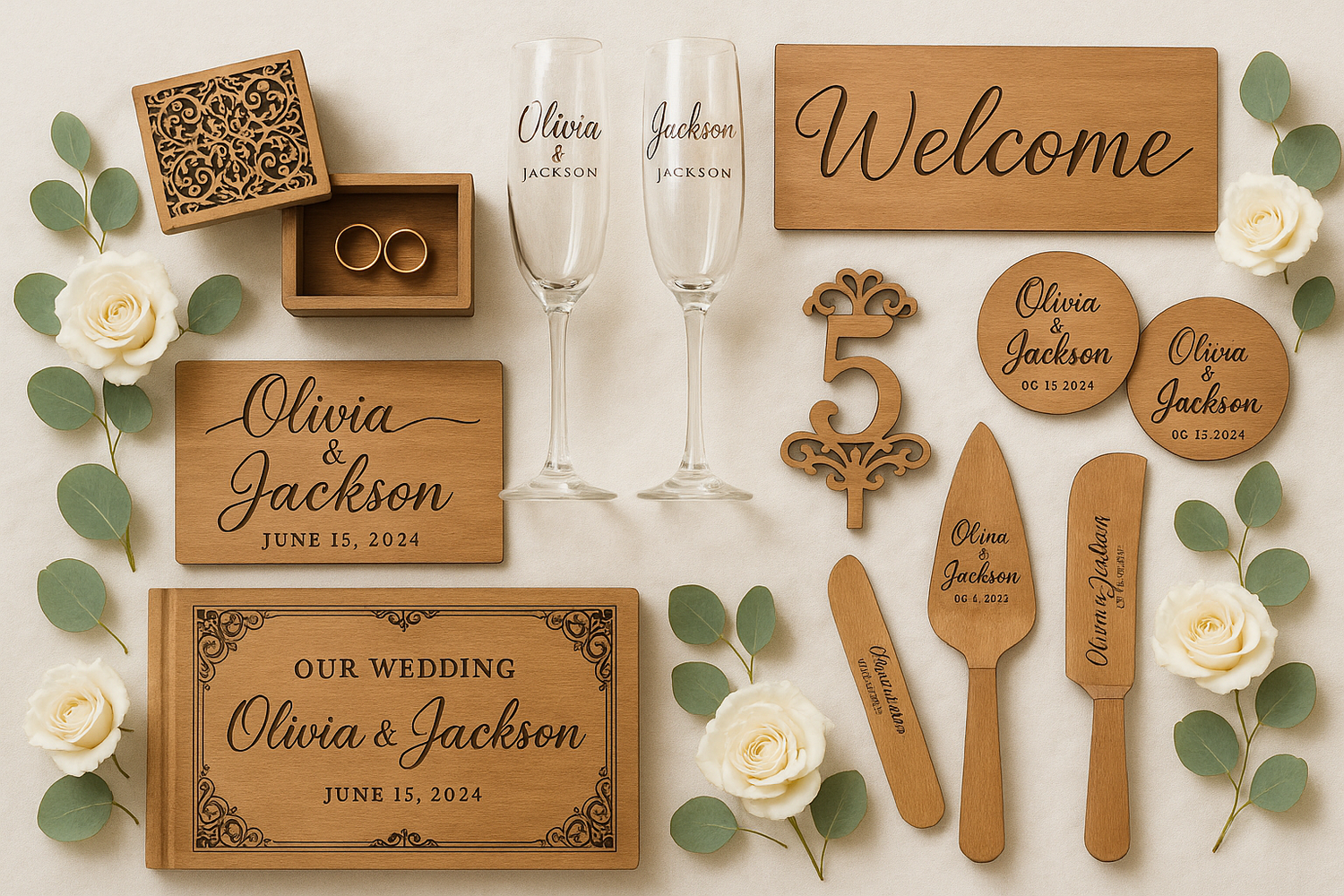 Wedding items that are laser engraved and can be sold to weddings as a package.