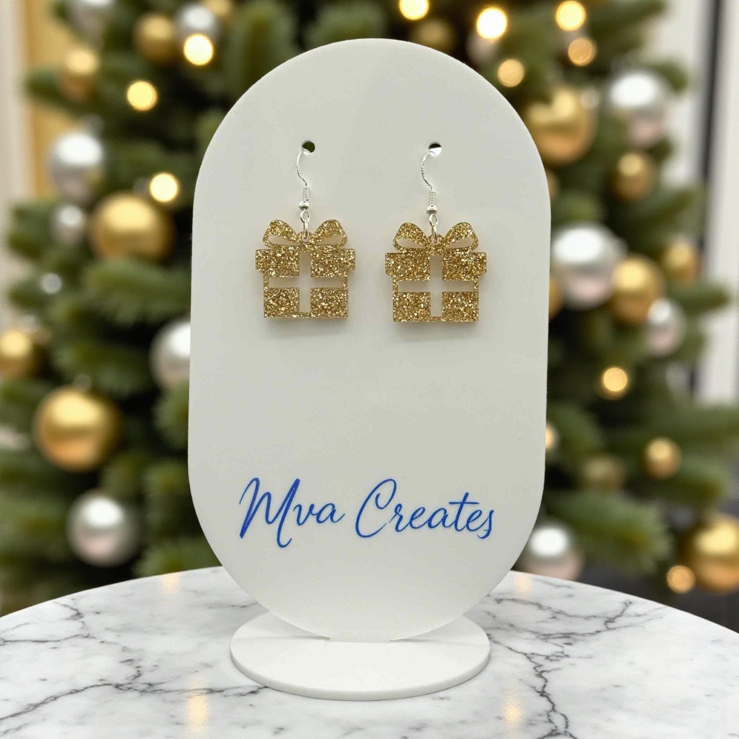 Gold Gift Box Earrings | Holiday Glitter Earrings | Festive Acrylic Dangle Jewelry