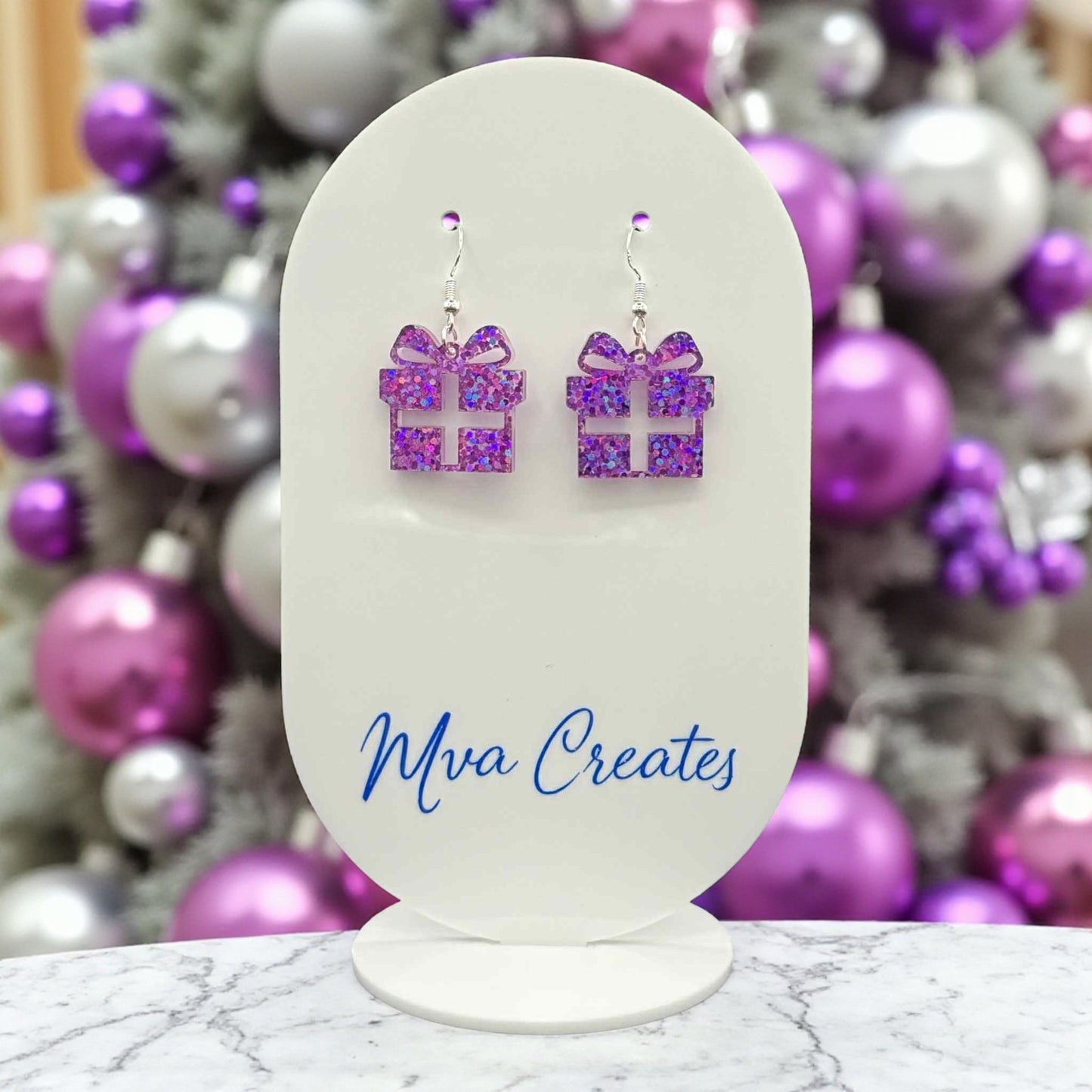Purple Glitter Gift Box Earrings | Holiday Acrylic Earrings | Festive Jewelry Gift