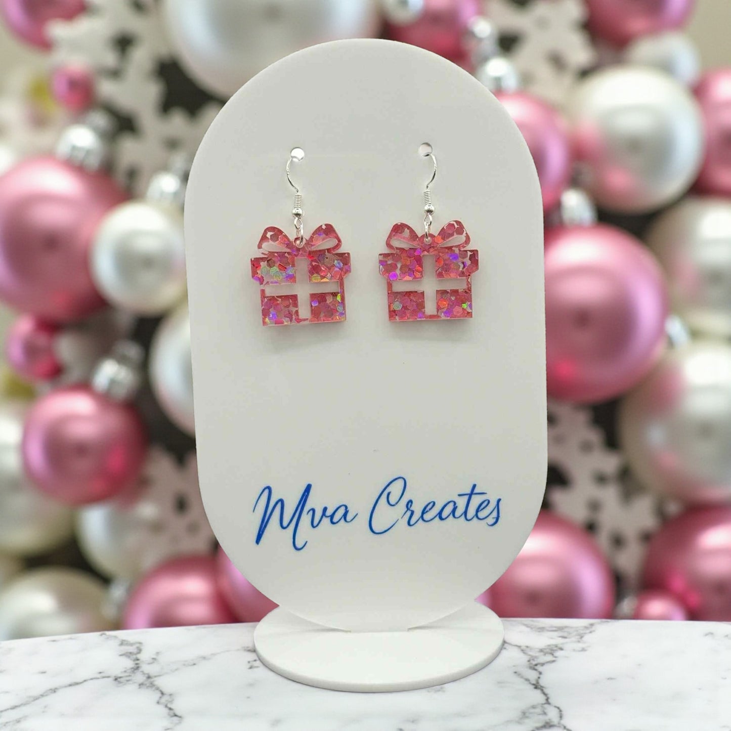 Pink Glitter Gift Box Earrings | Holiday Acrylic Earrings | Festive Jewelry Gift