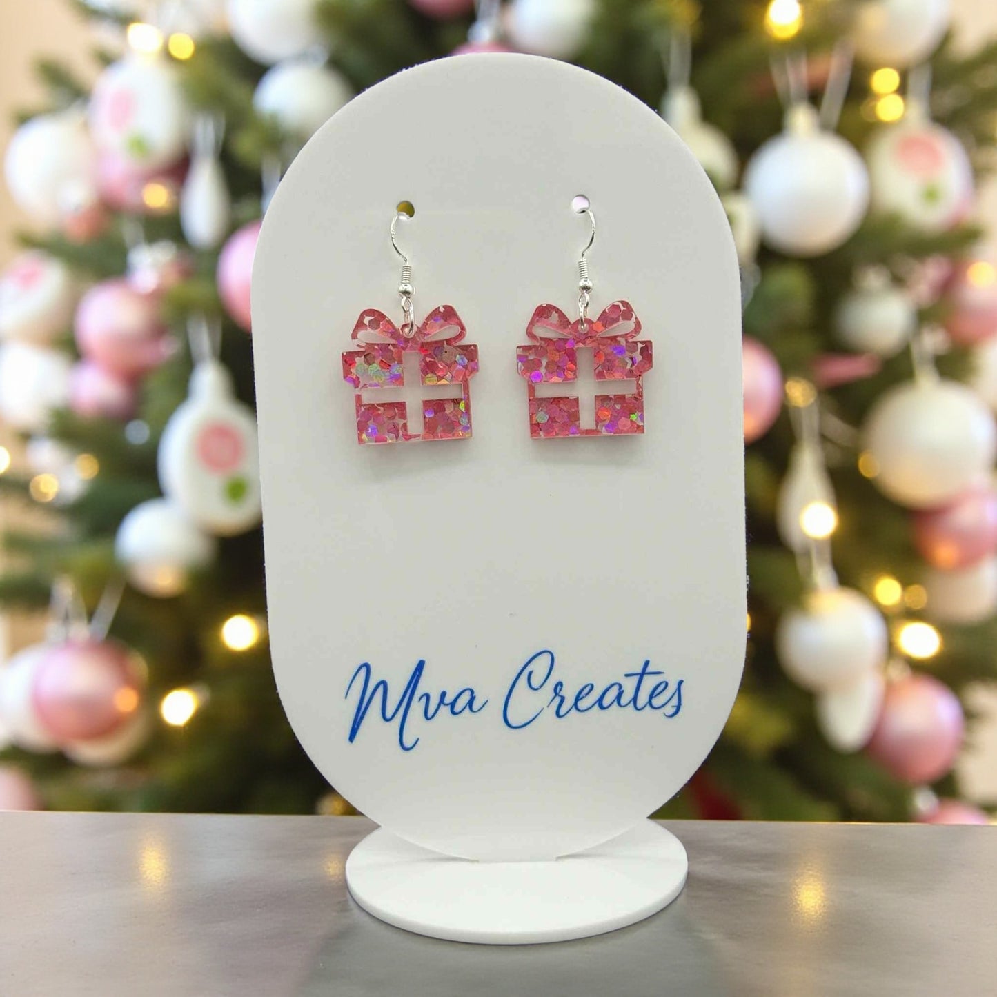 Pink Glitter Gift Box Earrings | Holiday Acrylic Earrings | Festive Jewelry Gift