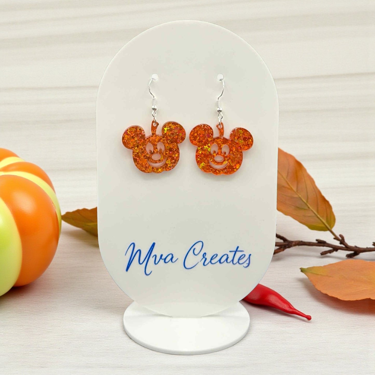 Pumpkin Mouse Earrings | Halloween Glitter Earrings | Spooky Cute Acrylic Jewelry