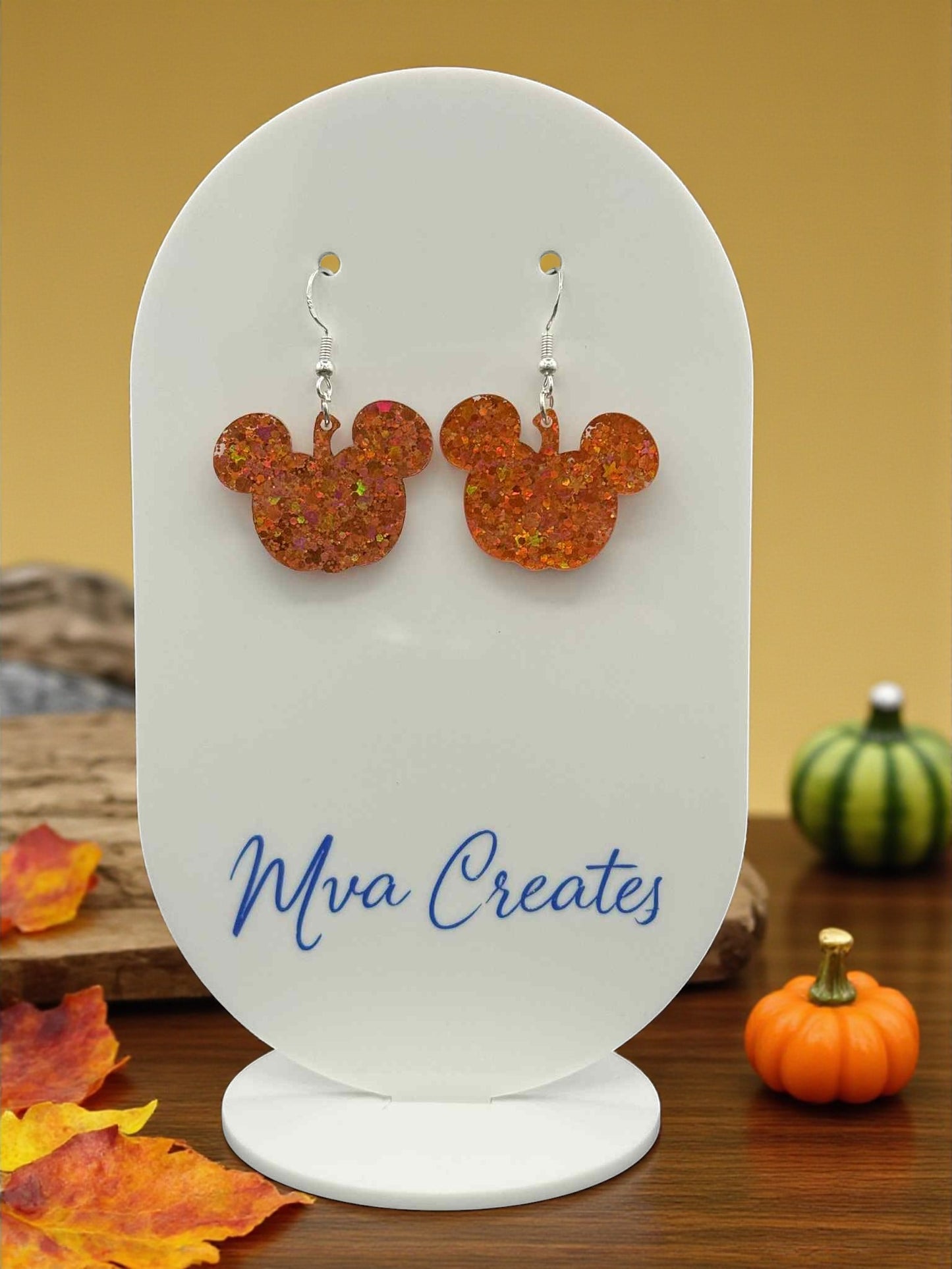 Orange Glitter Mouse Earrings | Halloween Acrylic Earrings | Fall Sparkle Jewelry