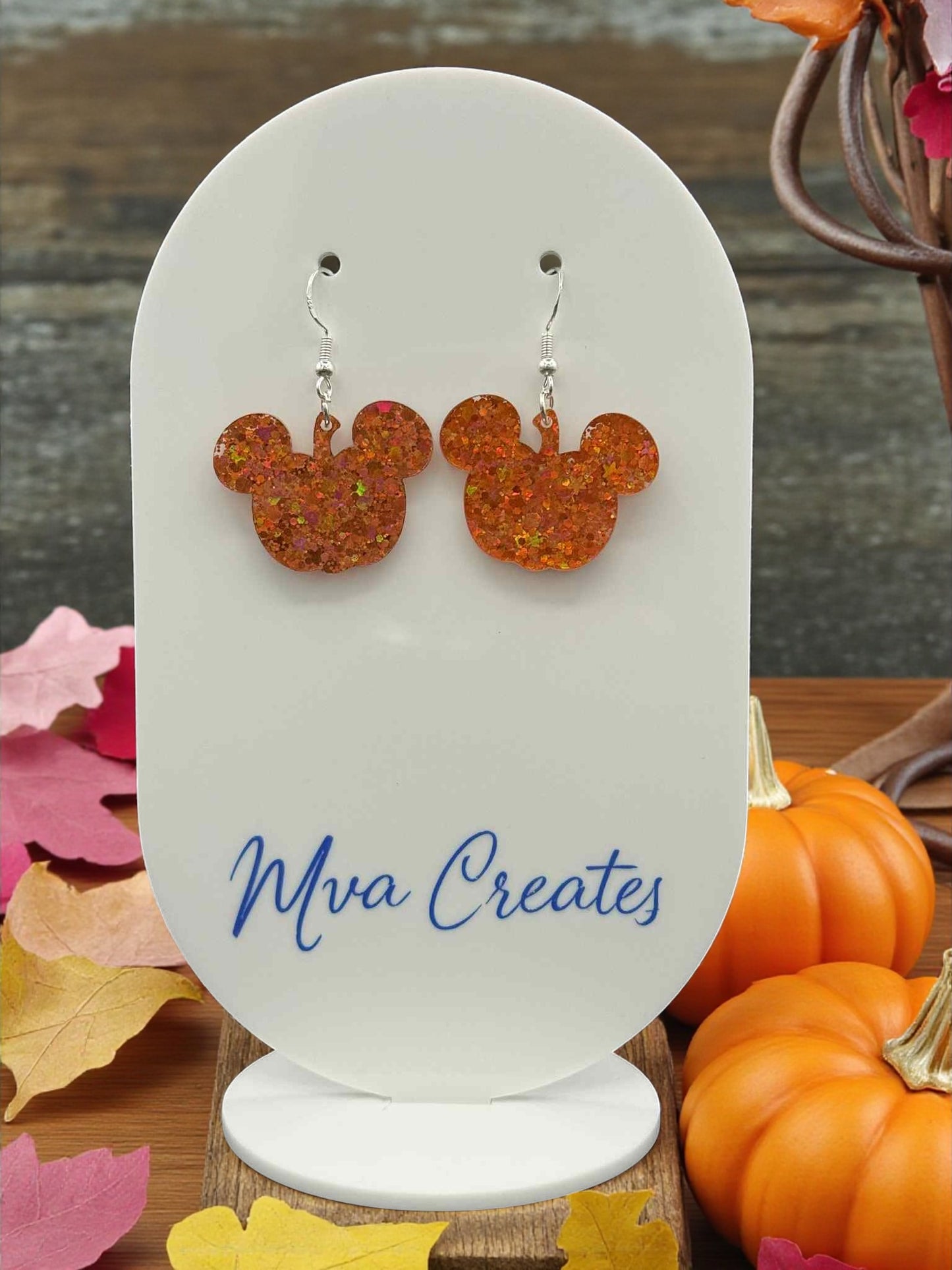 Orange Glitter Mouse Earrings | Halloween Acrylic Earrings | Fall Sparkle Jewelry