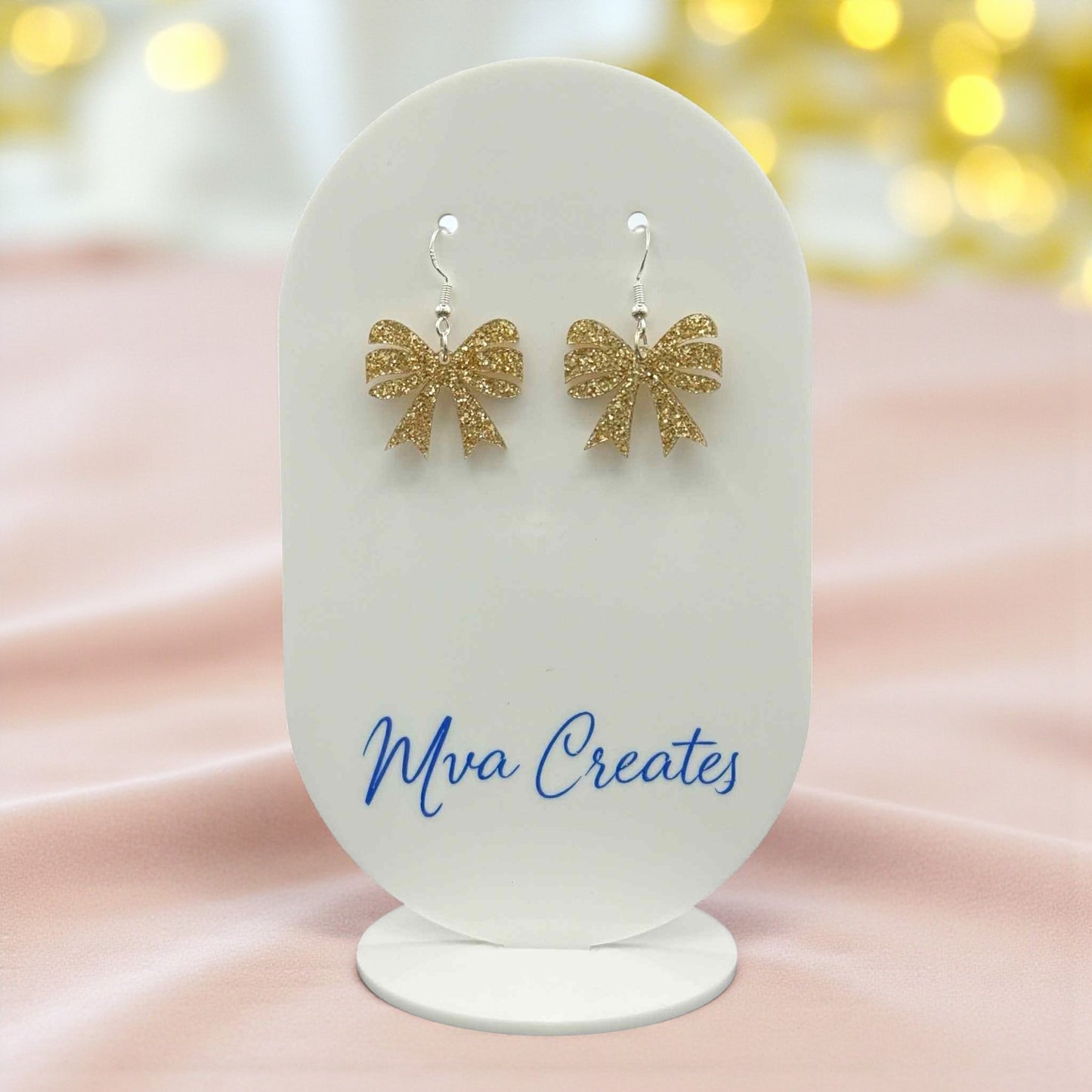 Gold Glitter Bow Earrings | Sparkly Holiday Jewelry | Christmas Acrylic Earrings