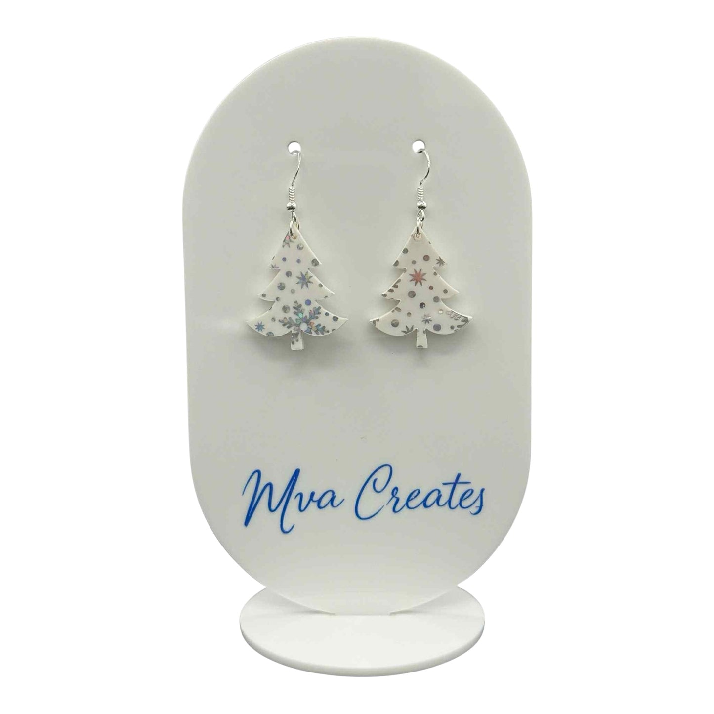 Snowflake Christmas Tree Earrings | White Acrylic Holiday Jewelry | Winter Gift for Her