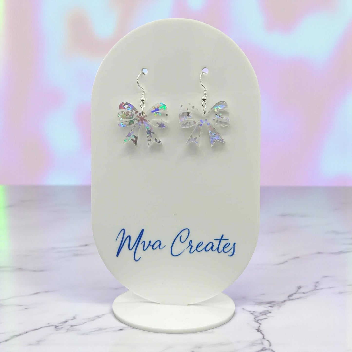 Holographic Bow Earrings | Iridescent Acrylic Earrings | Sparkly Holiday Jewelry Gift