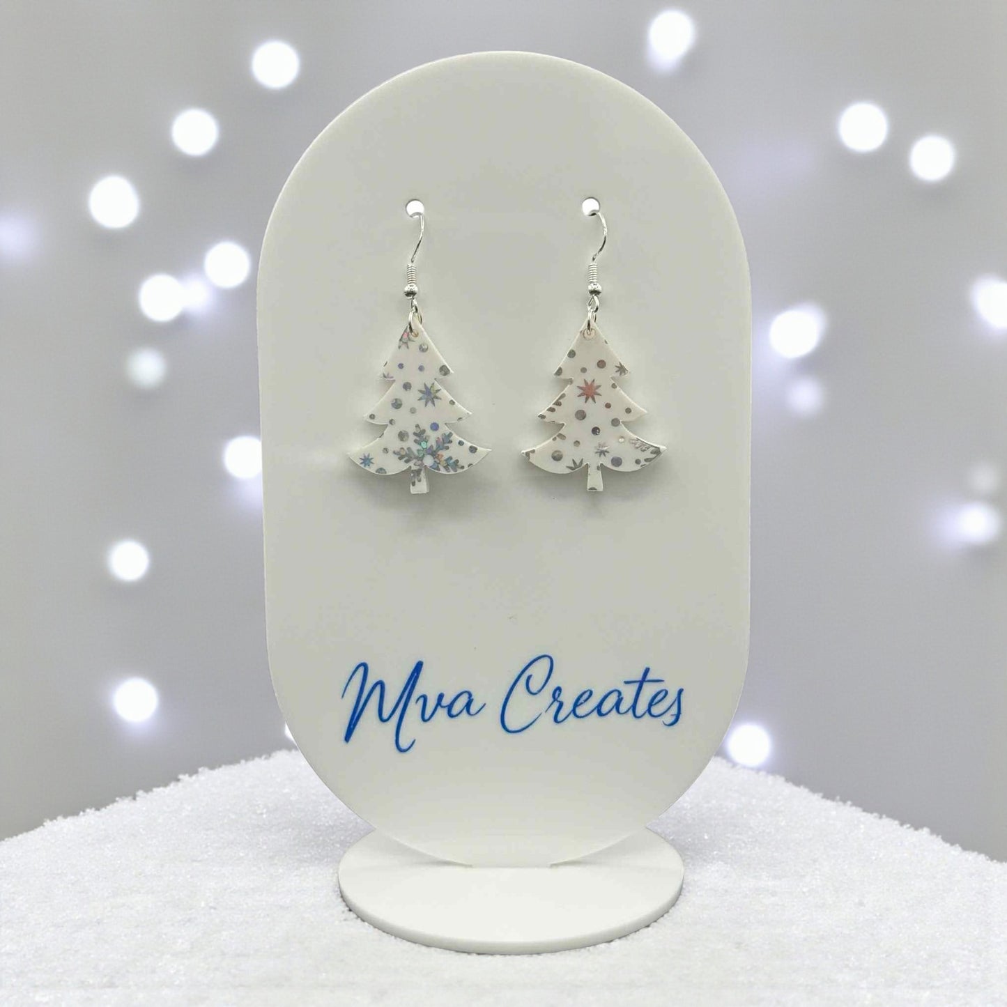 Snowflake Christmas Tree Earrings | White Acrylic Holiday Jewelry | Winter Gift for Her