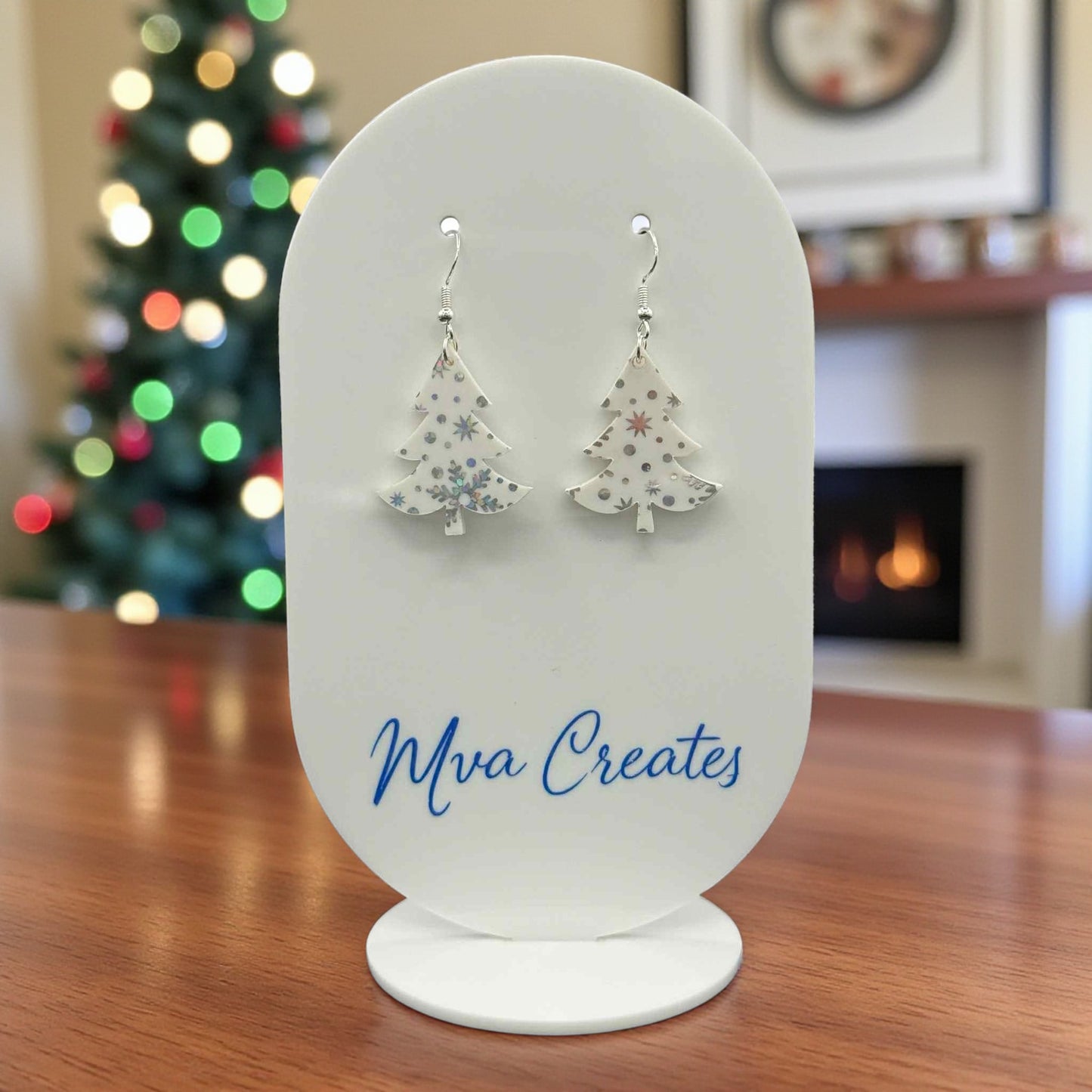 Snowflake Christmas Tree Earrings | White Acrylic Holiday Jewelry | Winter Gift for Her