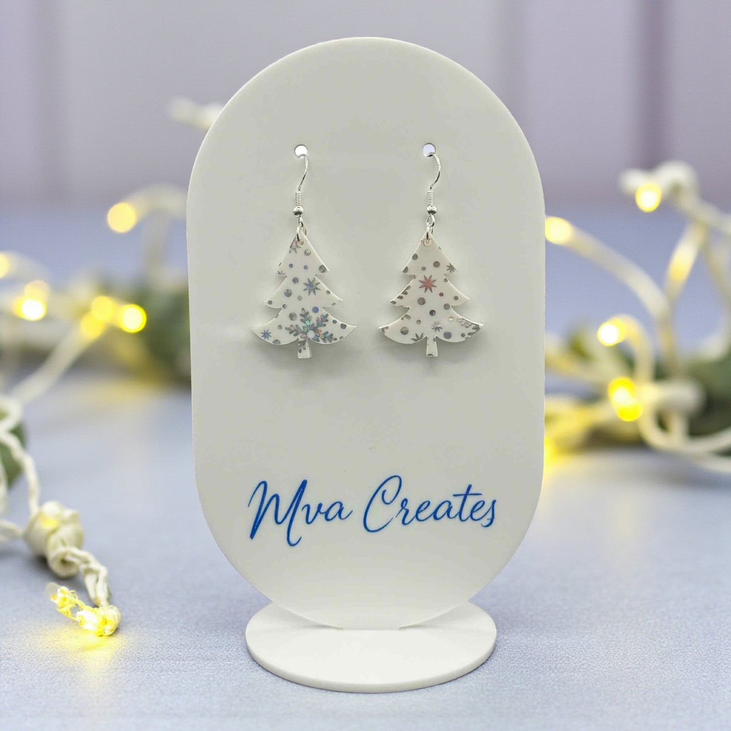 Snowflake Christmas Tree Earrings | White Acrylic Holiday Jewelry | Winter Gift for Her